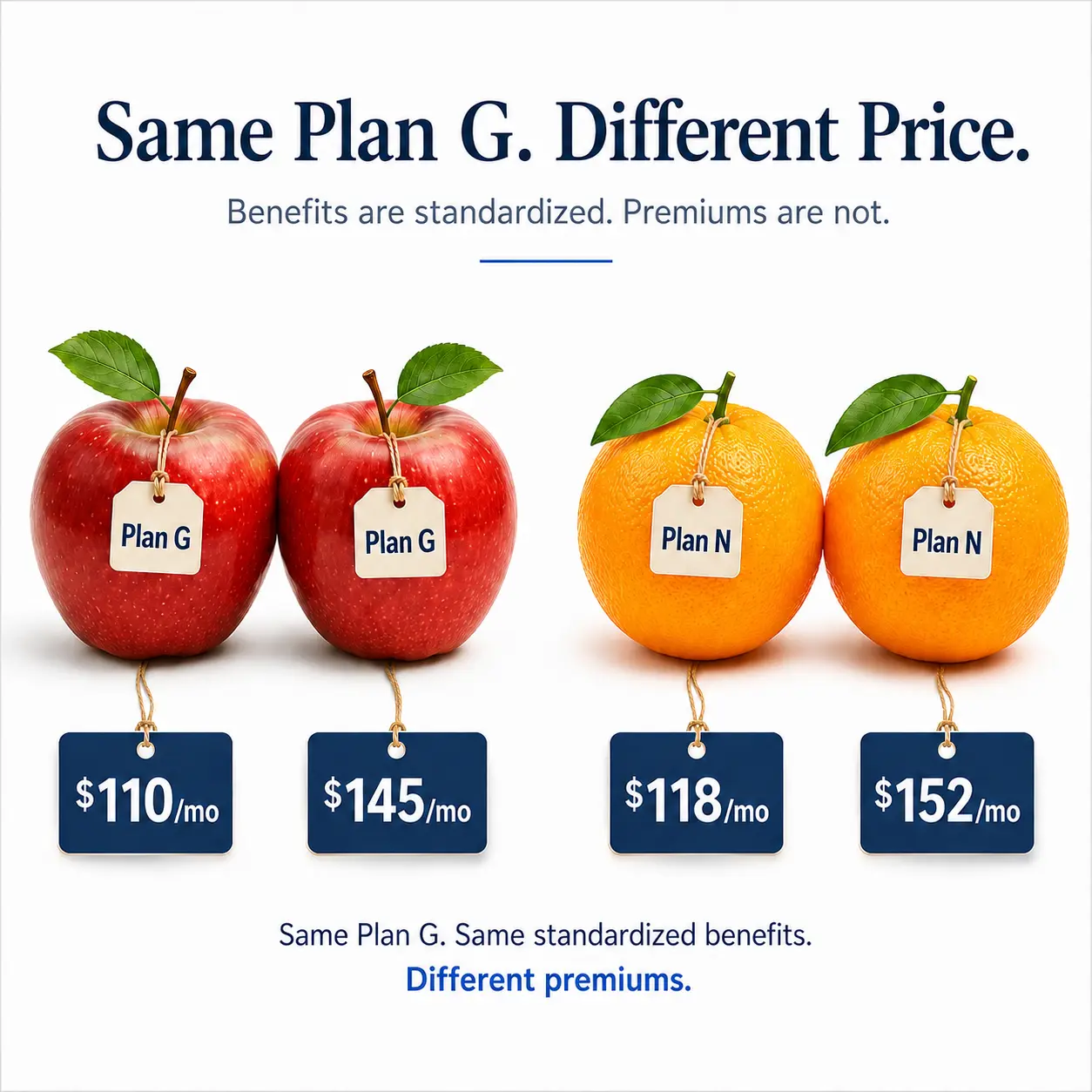 Apples-to-apples comparison of identical Medicare Supplement plan benefits sold by different insurance companies at different premiums