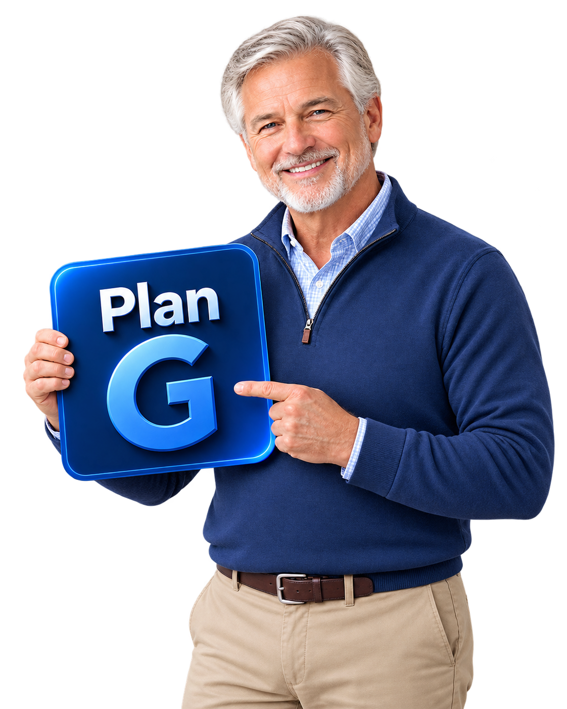 Smiling man pointing to a Plan G sign