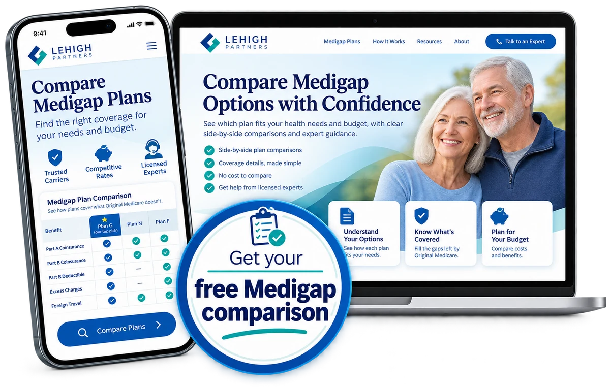 Lehigh Partners Medigap plan comparison tool shown on a laptop and phone screen, with a badge reading 'Get your free Medigap comparison'