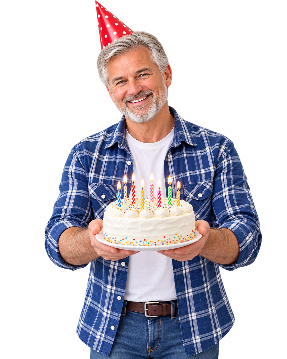 Man approaching Medicare eligibility celebrating a birthday while holding a birthday cake
