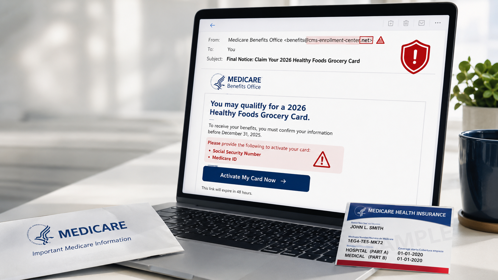 Documented phishing email from a fake Medicare Benefits Office asking seniors for their Social Security Number to claim a grocery card.