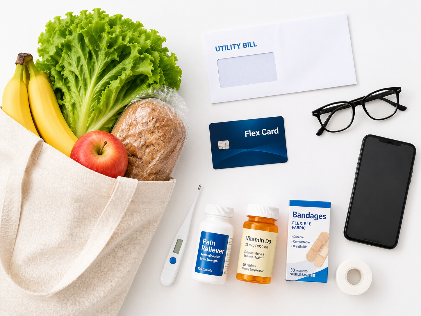 Items that may be covered by some Medicare Advantage flex card benefits, including groceries, OTC products, glasses, and utilities.