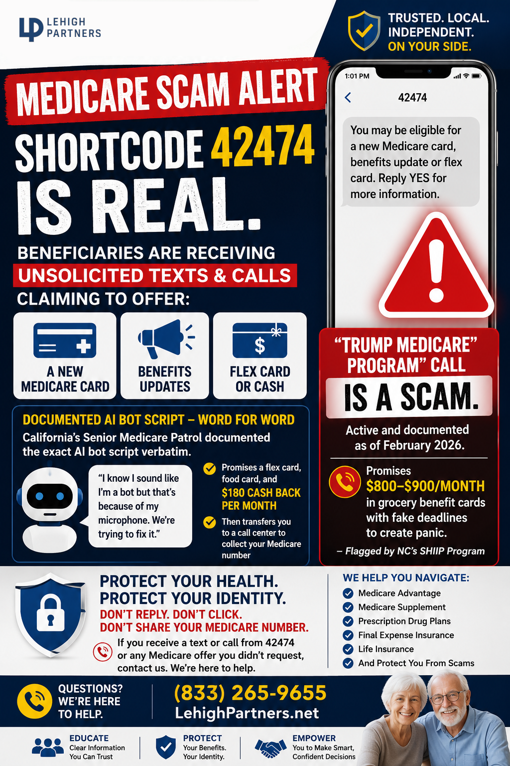 Documented scam text message falsely claiming a Medicare card is expiring and asking seniors to click a link.