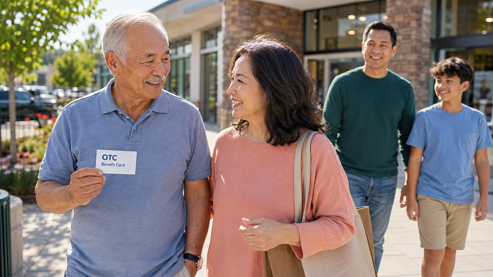 Smiling senior holding an OTC benefit card while checking Medicare Advantage extra benefits.