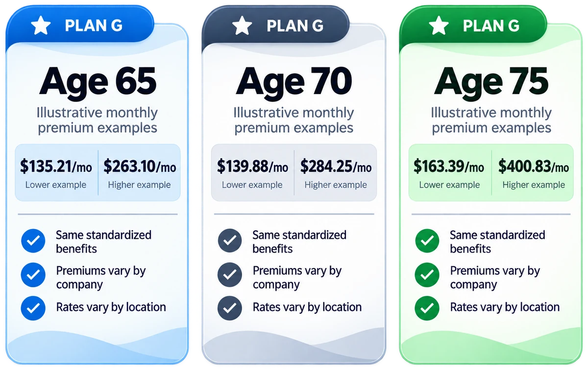 Three Medicare Supplement Plan G illustrative monthly premium examples by age — Age 65 from $135.21 to $263.10/mo, Age 70 from $139.88 to $284.25/mo, and Age 75 from $163.39 to $400.83/mo — each noting same standardized benefits, premiums vary by company, and rates vary by location