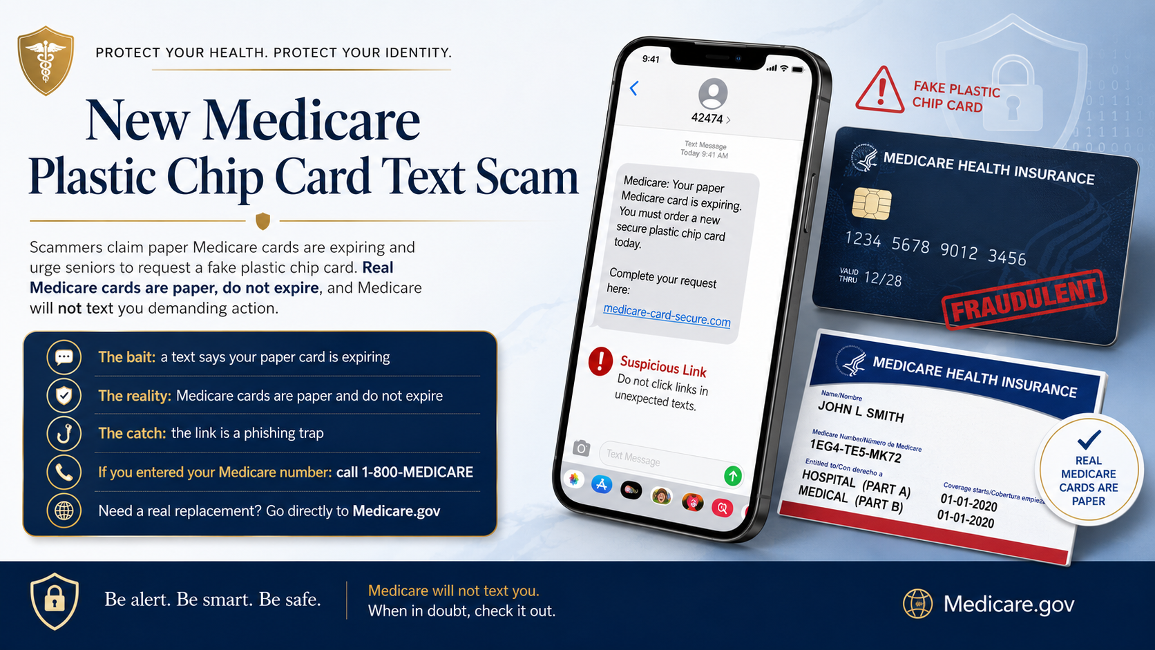 Documented scam text message claiming Medicare paper cards are expiring and seniors need a new plastic chip card.