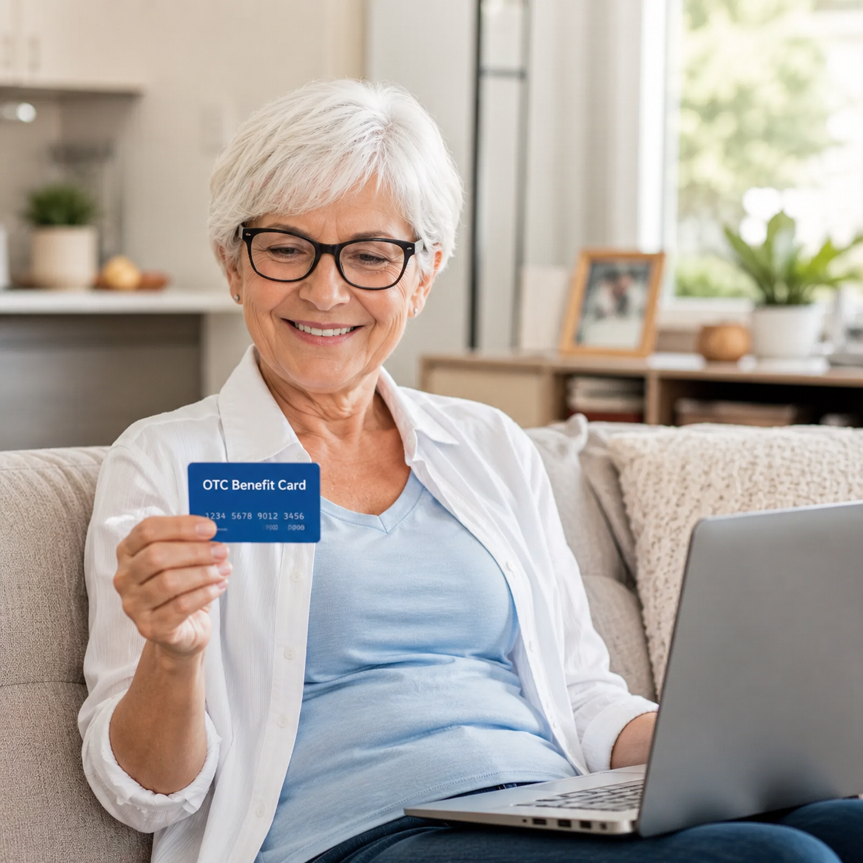 Smiling senior woman checking her Medicare OTC benefit card online with a laptop.