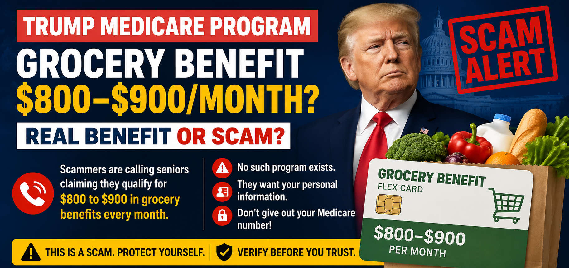 Documented phone scam claiming a Trump Medicare Program offers $800 to $900 per month in grocery cards to seniors.
