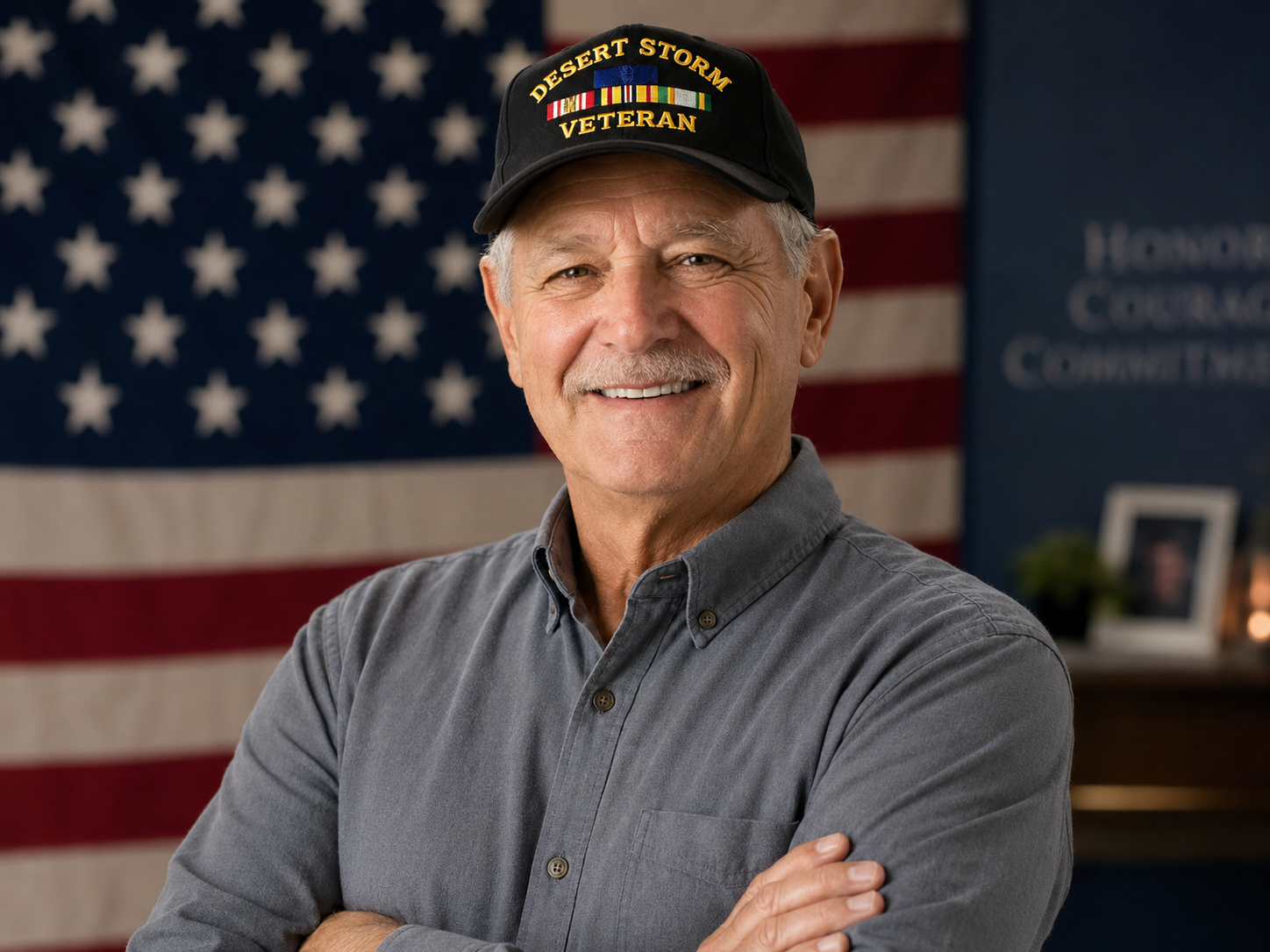 Desert Storm-era U.S. veteran standing in front of an American flag