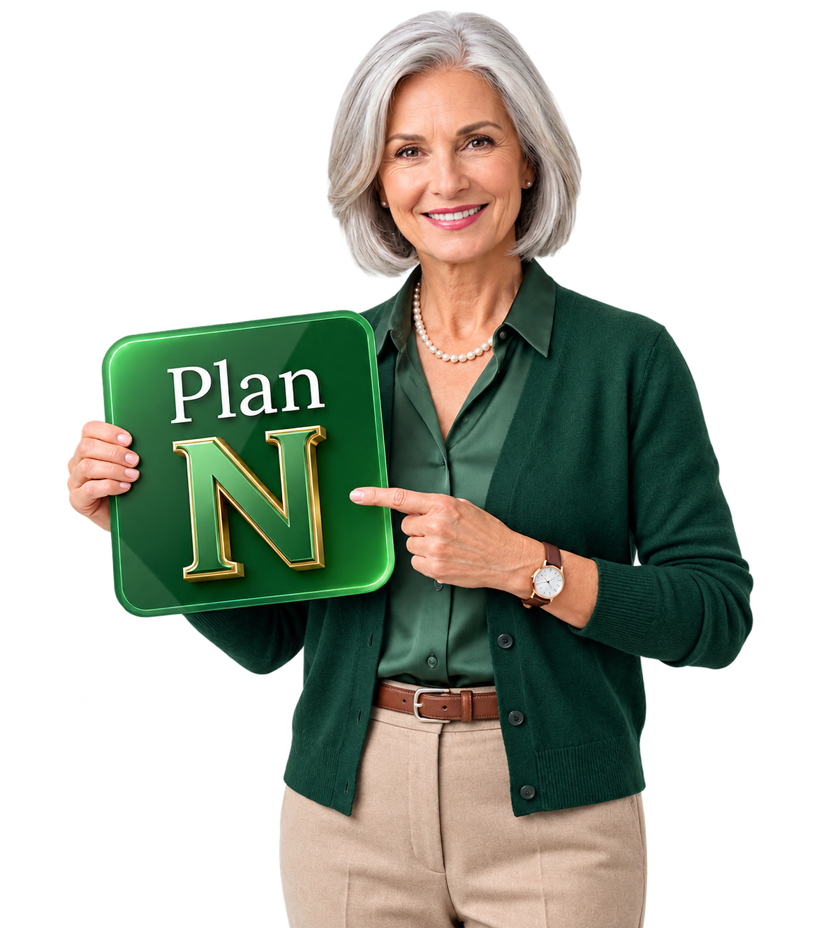 Smiling woman pointing to a Plan N sign