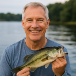 Happy senior outdoors with a fresh catch — enjoying retirement life Smiling man age 60 holding a fish outdoors