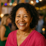 Happy woman at a party, living life fully at 65 Smiling woman age 55 enjoying a celebration with friends