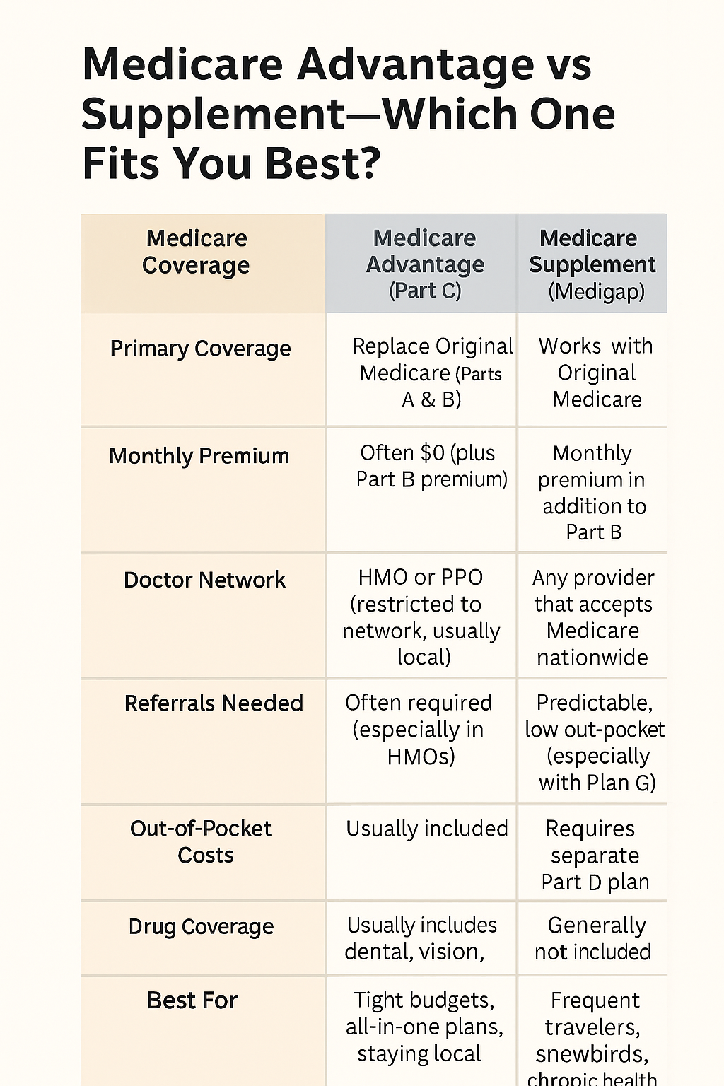 Medicare Advantage -vs- Medicare Supplement Medicare Advantage -vs- Medicare Supplement