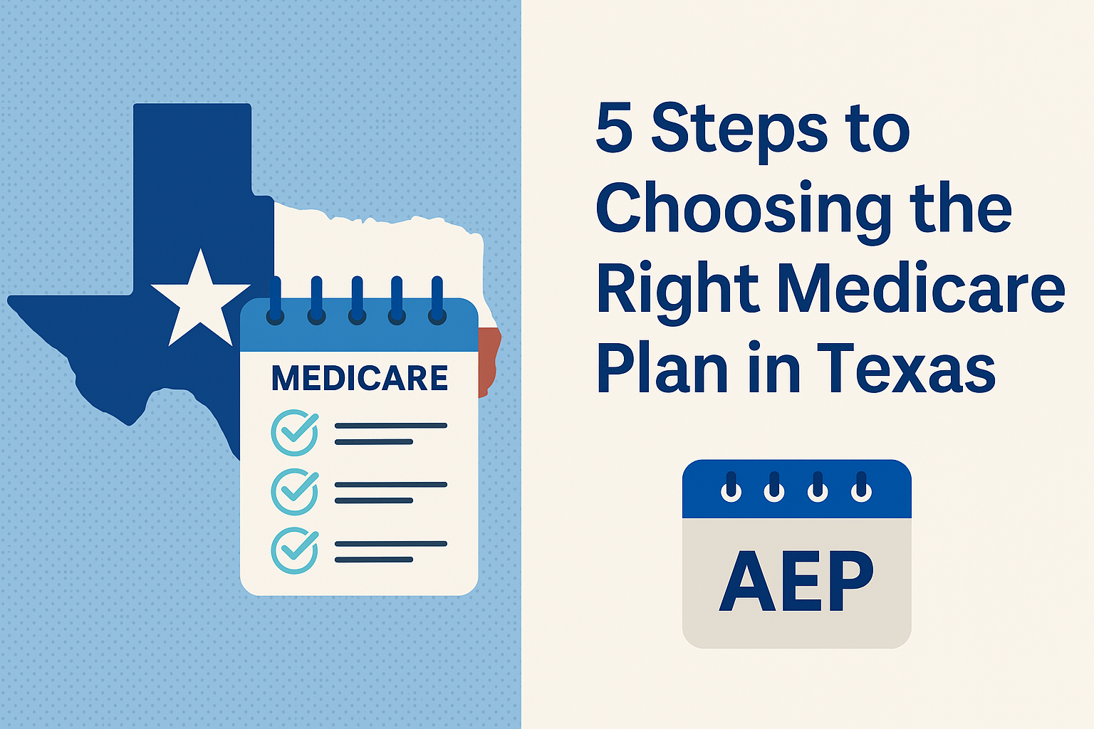 Texas state outline in flag colors, a Medicare plan checklist, and an AEP calendar icon represent steps to choose a Medicare plan in Texas. Texas state outline in flag colors, a Medicare plan checklist, and an AEP calendar icon represent steps to choose a Medicare plan in Texas.