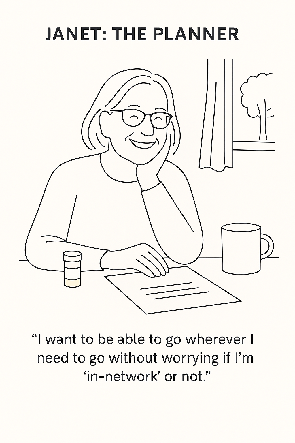 Line drawing of Janet, a retired teacher reviewing Medicare options with a focus on flexibility for travel.