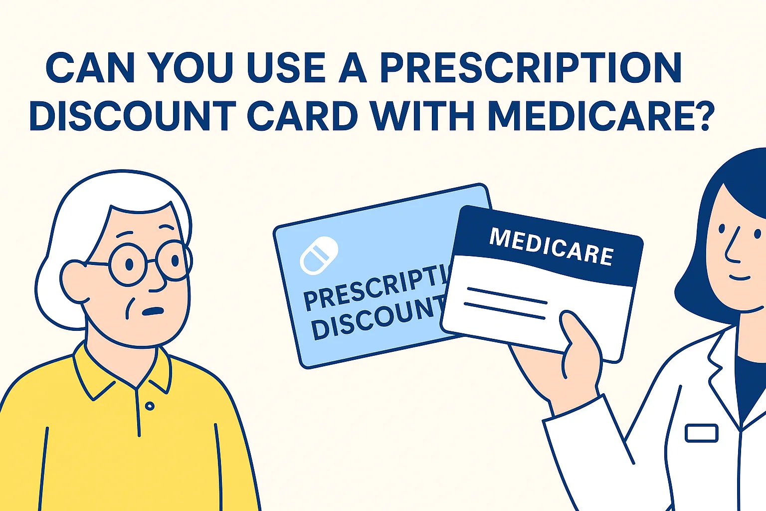 Can You Use a Prescription Discount Card with Medicare? Senior woman at pharmacy weighing her options between a Medicare card and a prescription discount card