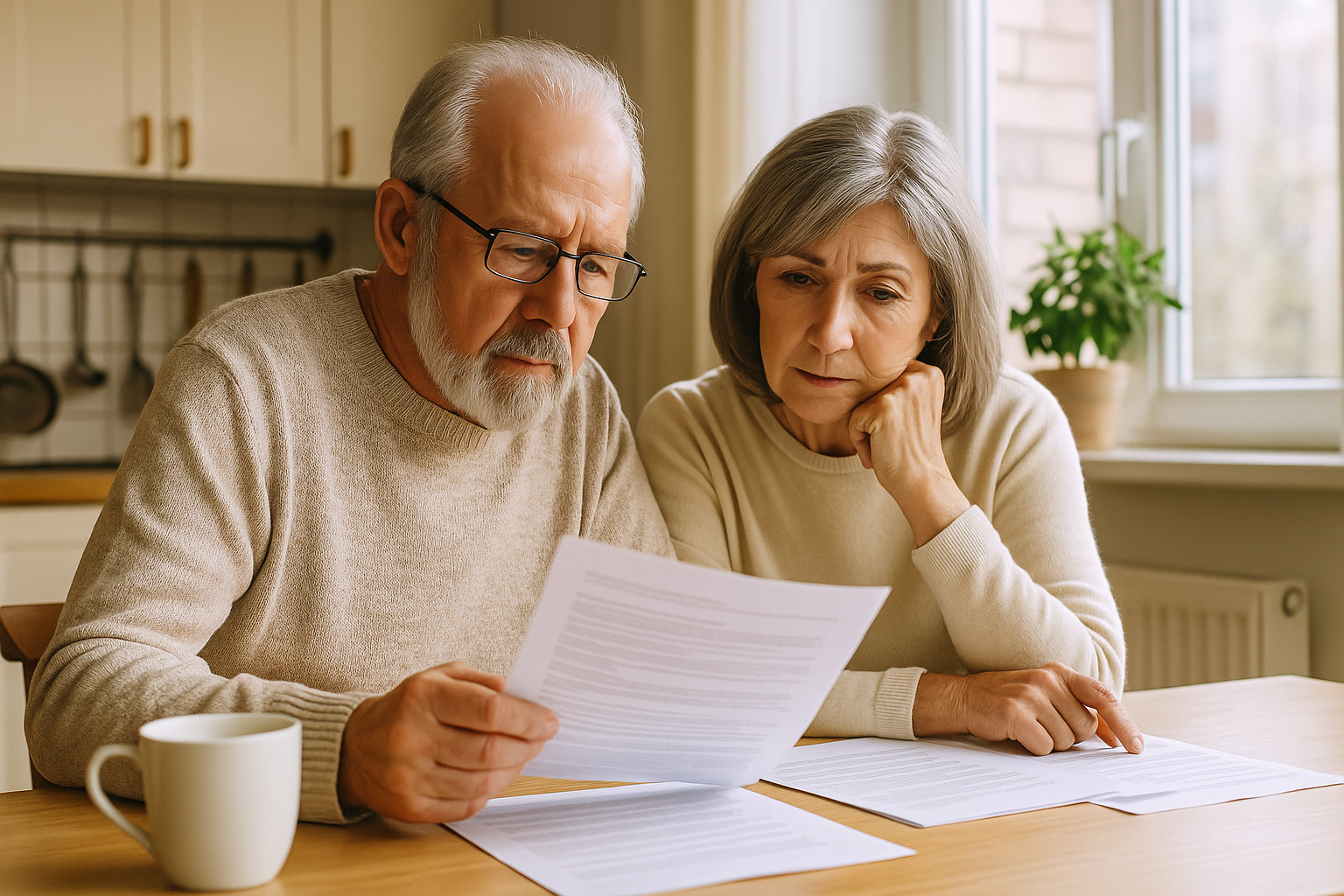 Senior Couple Reviewing Medicare Options at Kitchen Table Elderly couple sitting at a kitchen table reviewing Medicare papers together
