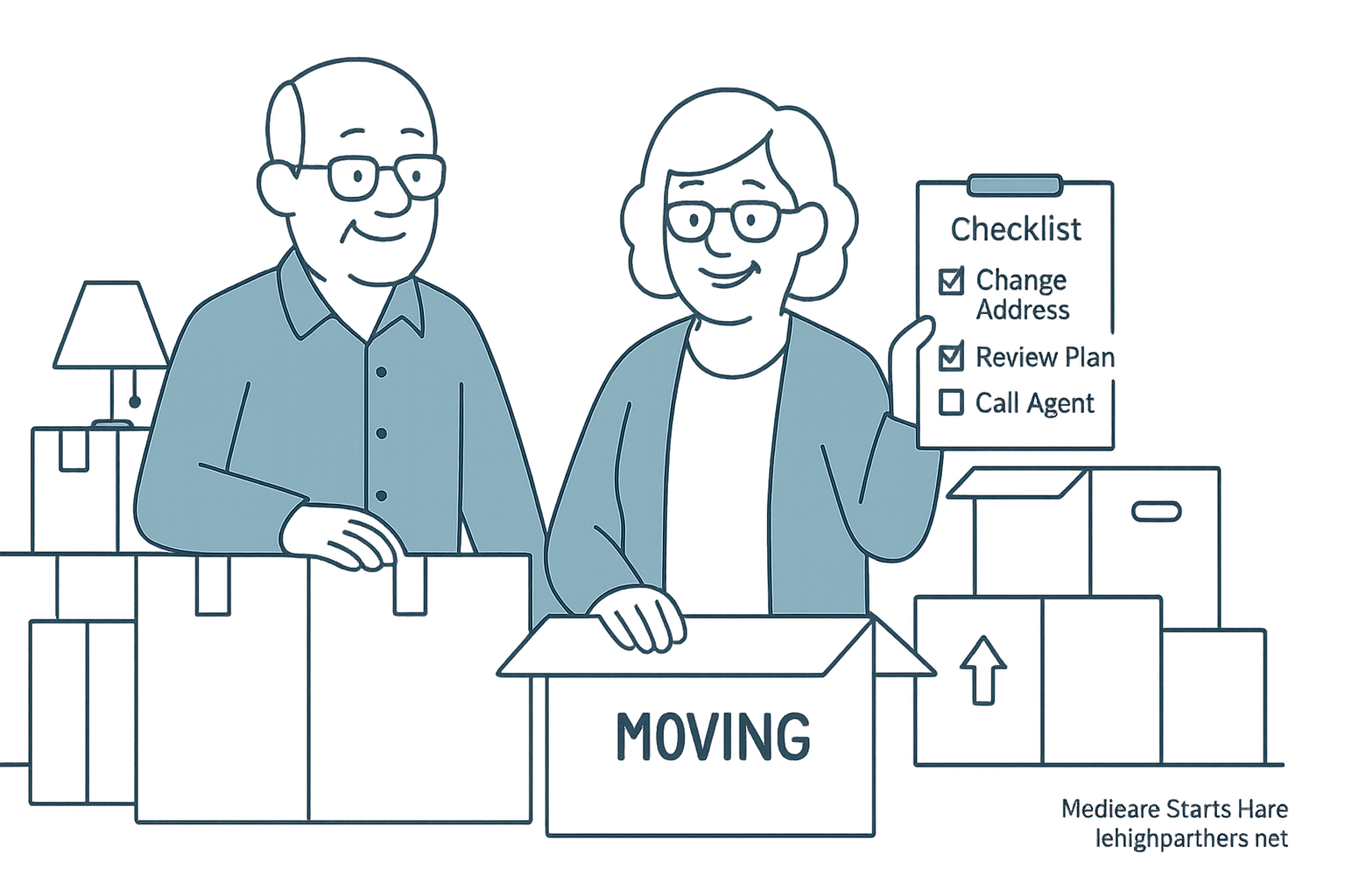 Checklist for Moving with Medicare – Change Address, Review Plan, Call Agent Senior couple packing moving boxes with a Medicare checklist showing tasks like “Change Address,” “Review Plan,” and “Call Agent.”